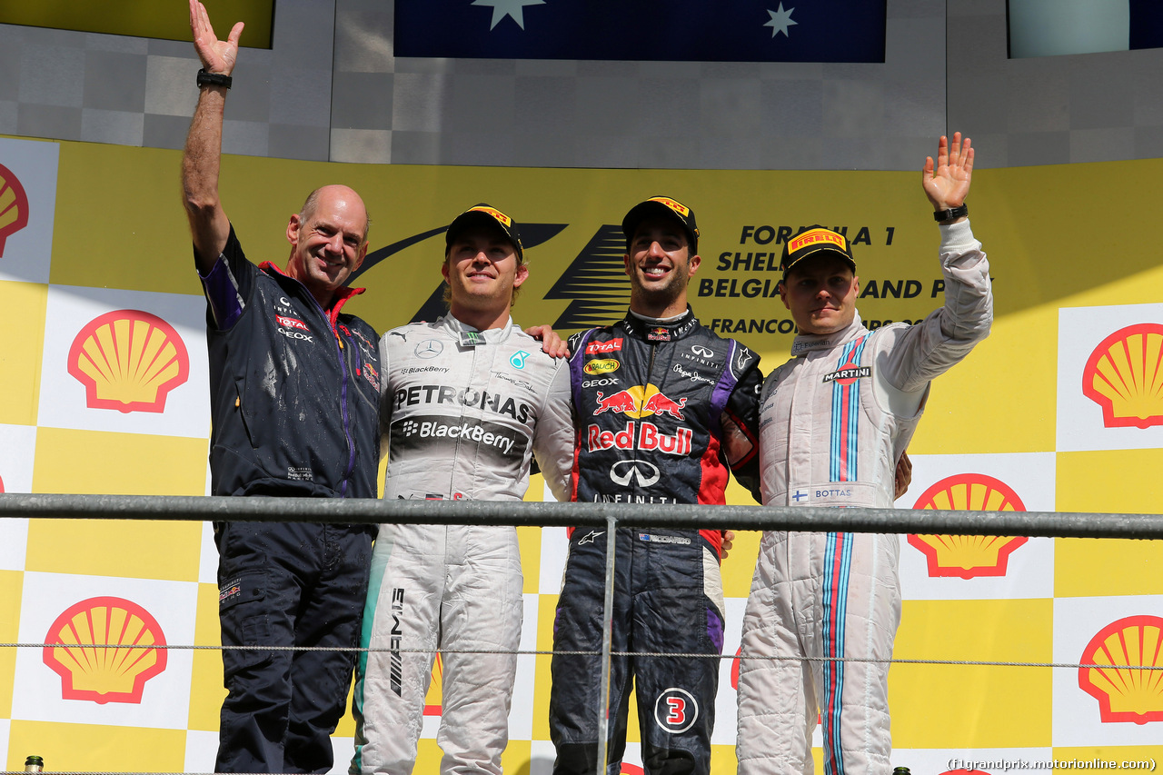 GP BELGIO, 24.08.2014- Gara, Adrian Newey (GBR), Red Bull Racing , Technical Operations Director, secondo Nico Rosberg (GER) Mercedes AMG F1 W05, Daniel Ricciardo (AUS) Red Bull Racing RB10 vincitore e terzo Valtteri Bottas (FIN) Williams F1 Team FW36