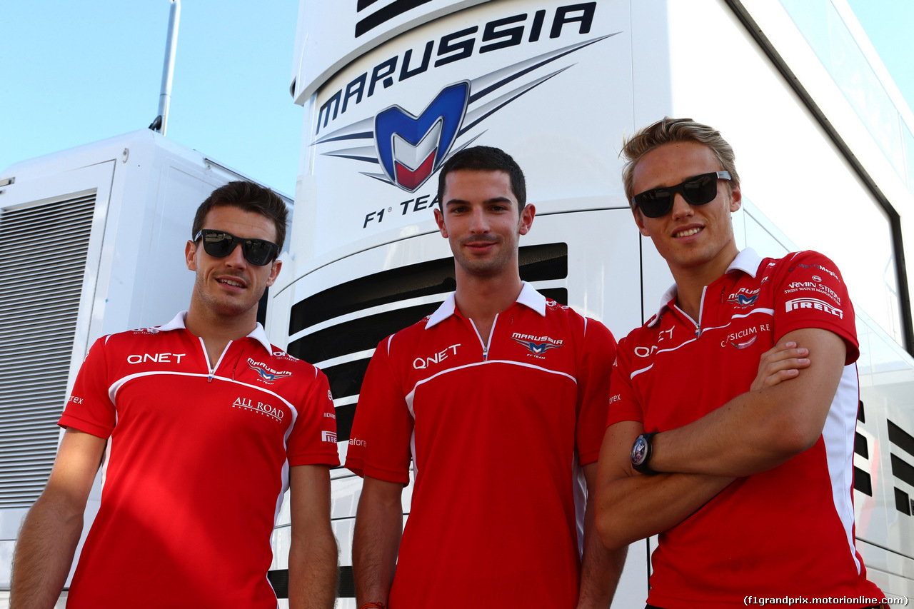 GP BELGIO, 24.07.2014- Jules Bianchi (FRA) Marussia F1 Team MR03, Alexander Rossi (USA), Marussia e Max Chilton (GBR), Marussia F1 Team MR03
