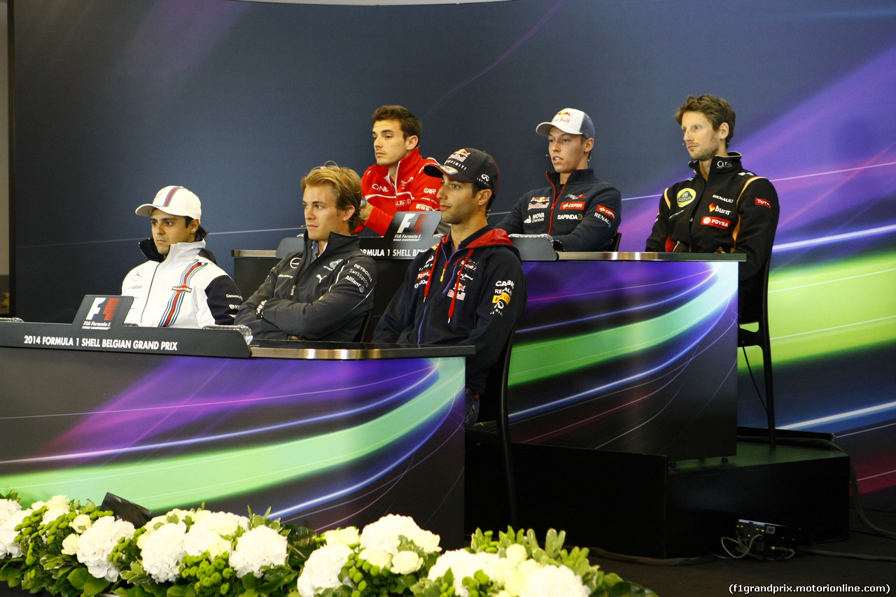 GP BELGIO, press conference with:
Jules Bianchi (FRA) Marussia F1 Team MR02 
Daniil Kvyat (RUS) Scuderia Toro Rosso STR9 
Romain Grosjean (FRA) Lotus F1 Team E22 
Felipe Massa (BRA) Williams F1 Team FW36 
Nico Rosberg (GER), Mercedes AMG F1 W05 
Daniel Ricciardo (AUS) Red Bull Racing RB10