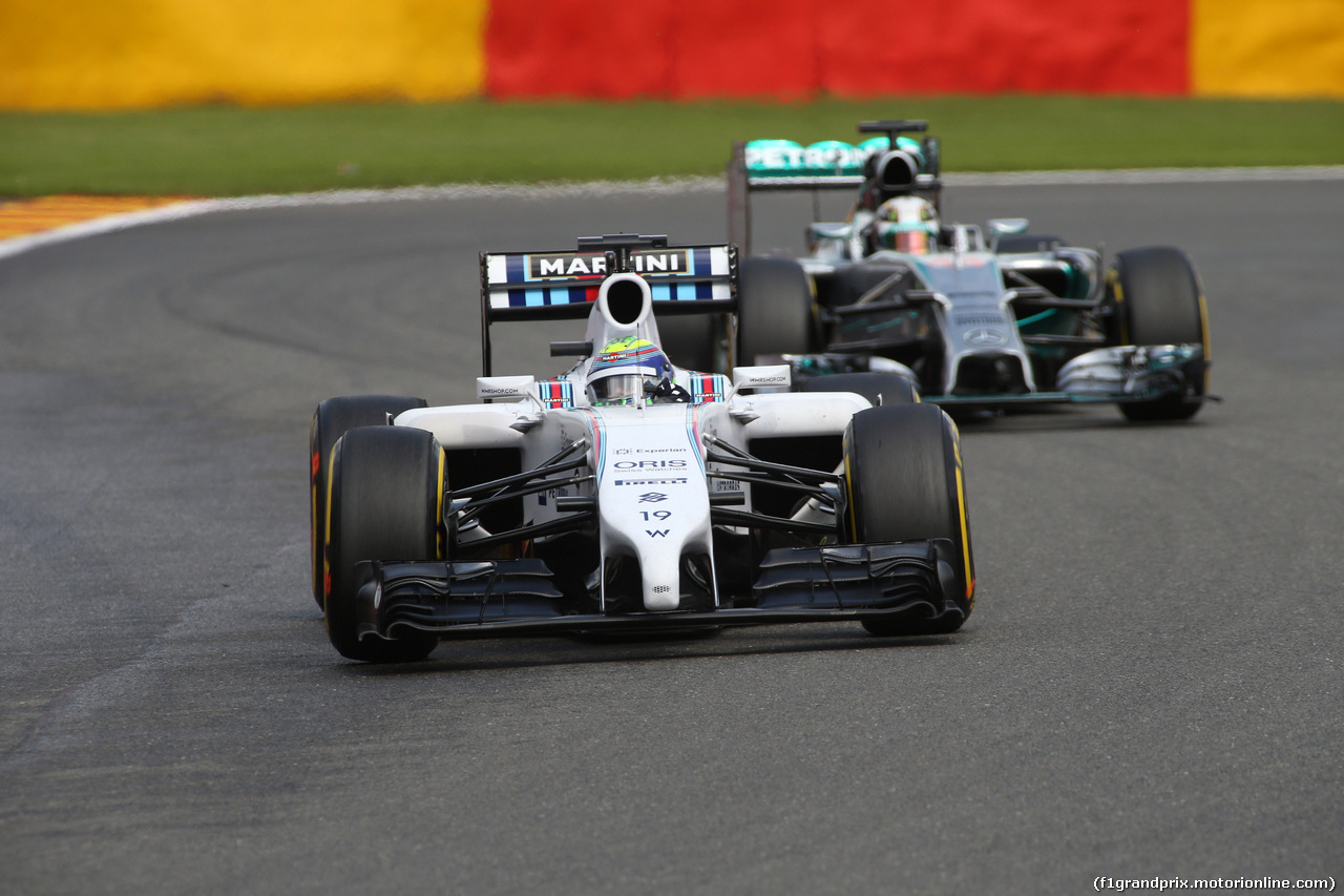 GP BELGIO, 23.08.2014- Prove Libere 3, Felipe Massa (BRA) Williams F1 Team FW36 e Lewis Hamilton (GBR) Mercedes AMG F1 W05