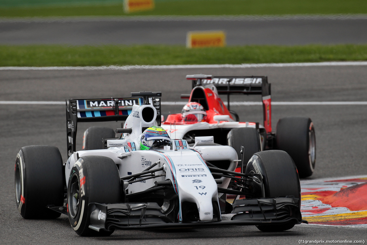 GP BELGIO, 23.08.2014- Prove Libere 3, Felipe Massa (BRA) Williams F1 Team FW36 e Jules Bianchi (FRA) Marussia F1 Team MR03