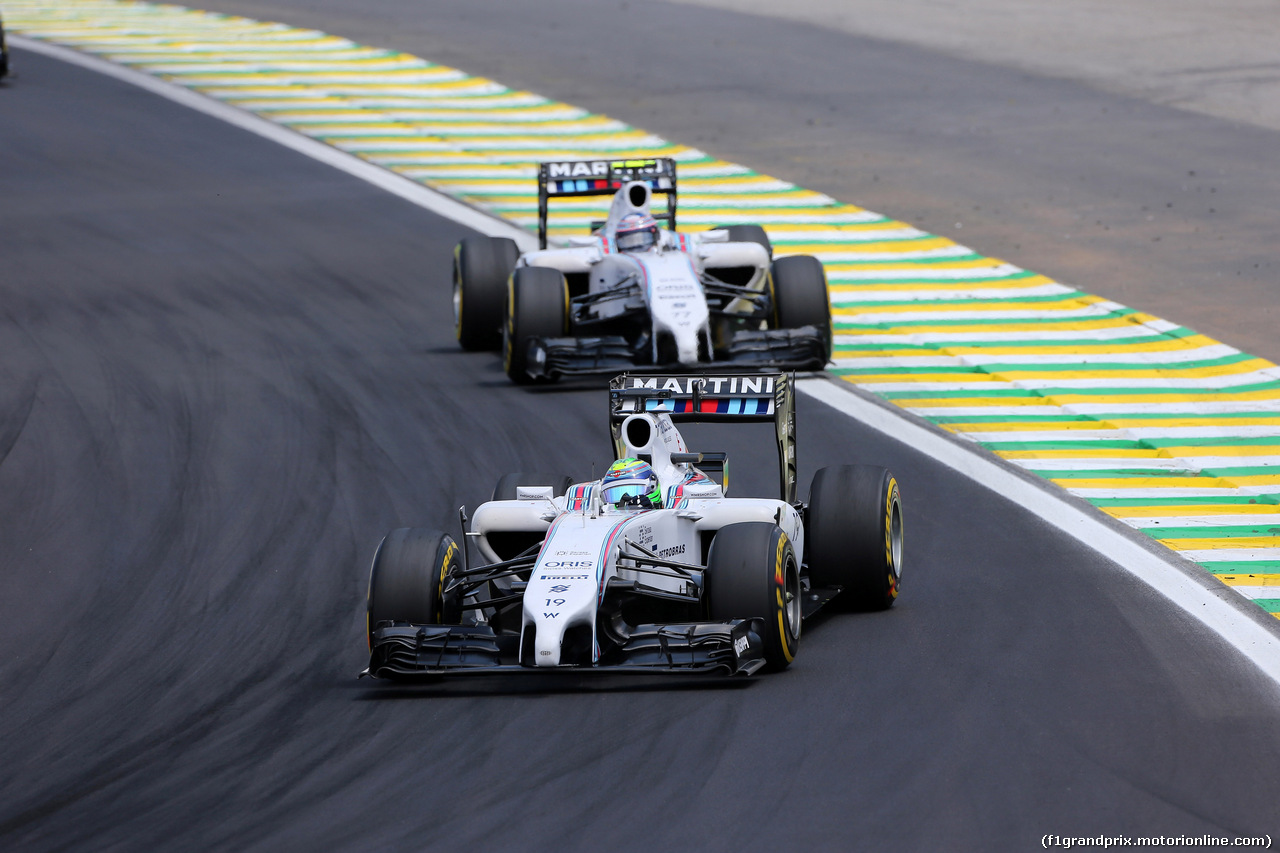 GP BRASILE, 09.11.2014 - Gara, Felipe Massa (BRA) Williams F1 Team FW36 davanti a Valtteri Bottas (FIN) Williams F1 Team FW36