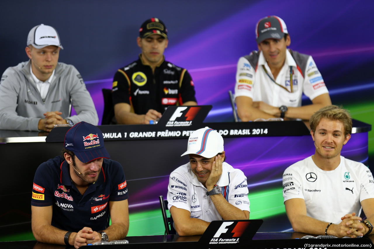 GP BRASILE, 06.11.2014 - Conferenza Stampa, (L-R) Kevin Magnussen (DEN) McLaren Mercedes MP4-29, Pastor Maldonado (VEN) Lotus F1 Team E22, Adrian Sutil (GER) Sauber F1 Team C33, Jean-Eric Vergne (FRA) Scuderia Toro Rosso STR9, Felipe Massa (BRA) Williams F1 Team FW36 e Nico Rosberg (GER) Mercedes AMG F1 W05