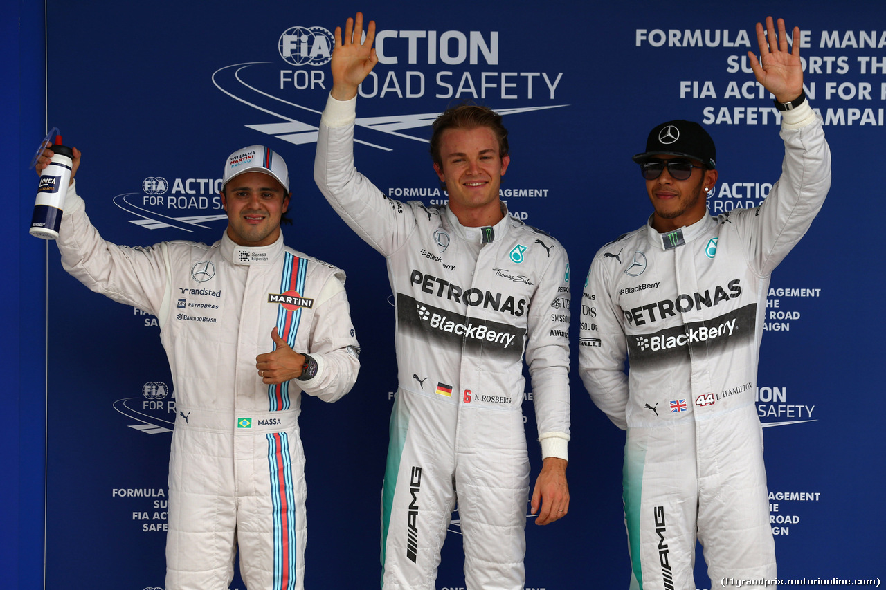 GP BRASILE, 08.11.2014 - Qualifiche, terzo Felipe Massa (BRA) Williams F1 Team FW36, Nico Rosberg (GER) Mercedes AMG F1 W05 pole position e secondo Lewis Hamilton (GBR) Mercedes AMG F1 W05