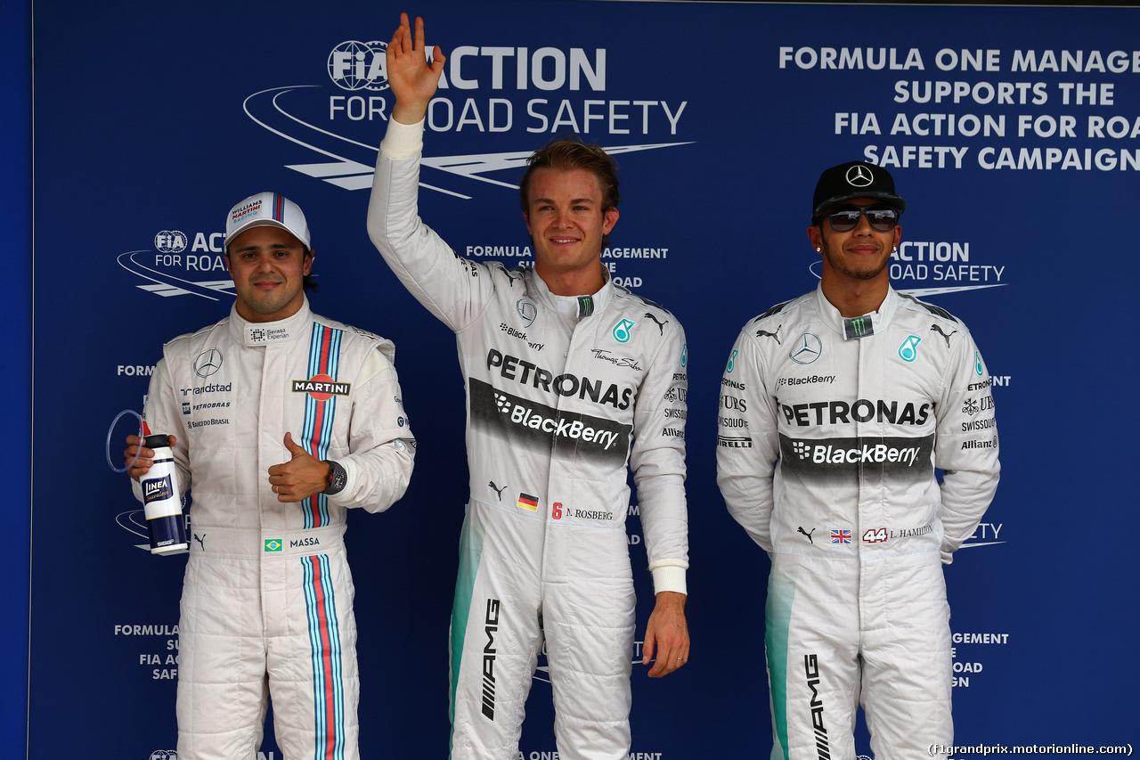 GP BRASILE, 08.11.2014 - Qualifiche, terzo Felipe Massa (BRA) Williams F1 Team FW36, Nico Rosberg (GER) Mercedes AMG F1 W05 pole position e secondo Lewis Hamilton (GBR) Mercedes AMG F1 W05