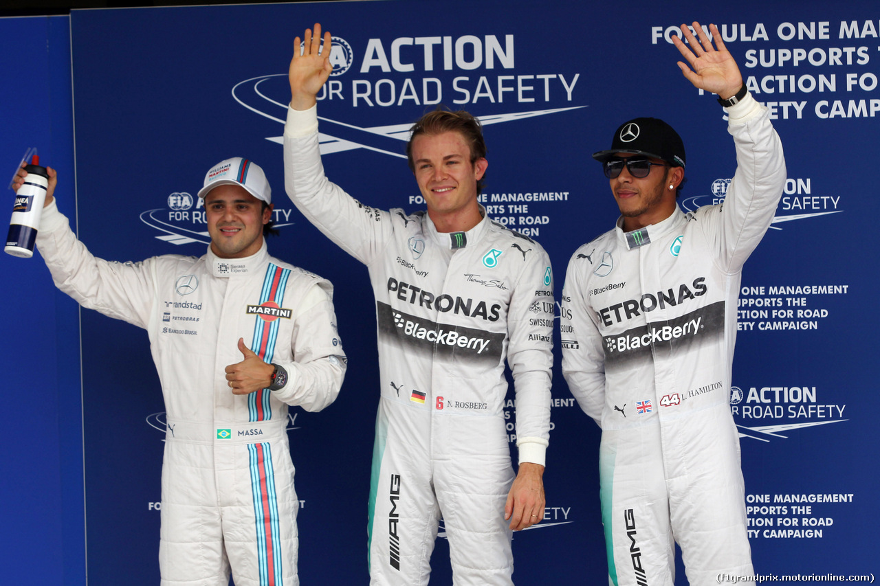 GP BRASILE, 08.11.2014 - Qualifiche, terzo Felipe Massa (BRA) Williams F1 Team FW36, Nico Rosberg (GER) Mercedes AMG F1 W05 pole position e secondo Lewis Hamilton (GBR) Mercedes AMG F1 W05