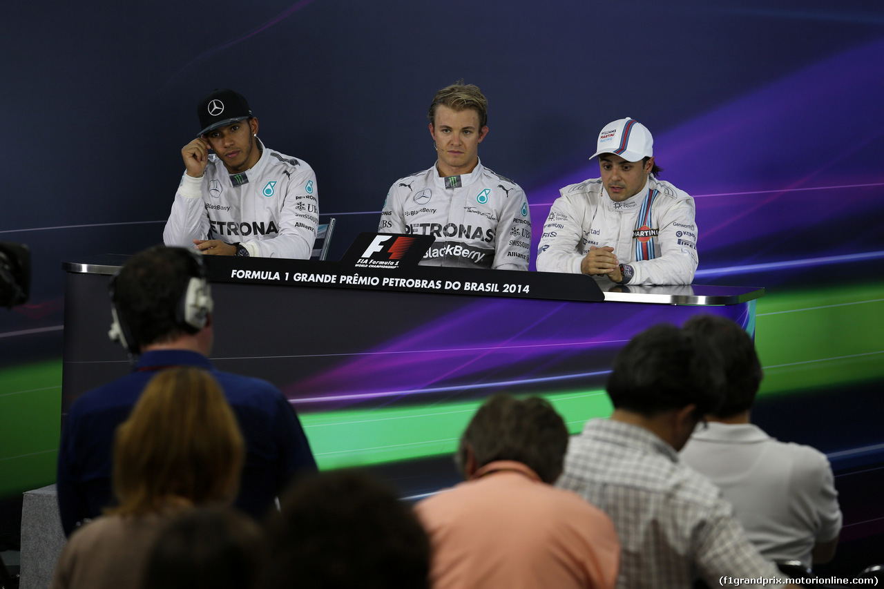 GP BRASILE, 08.11.2014 - Qualifiche, Conferenza Stampa, Lewis Hamilton (GBR) Mercedes AMG F1 W05, Nico Rosberg (GER) Mercedes AMG F1 W05 e Felipe Massa (BRA) Williams F1 Team FW36