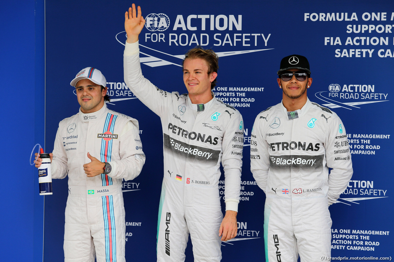 GP BRASILE, 08.11.2014 - Qualifiche, terzo Felipe Massa (BRA) Williams F1 Team FW36, Nico Rosberg (GER) Mercedes AMG F1 W05 pole position e secondo Lewis Hamilton (GBR) Mercedes AMG F1 W05