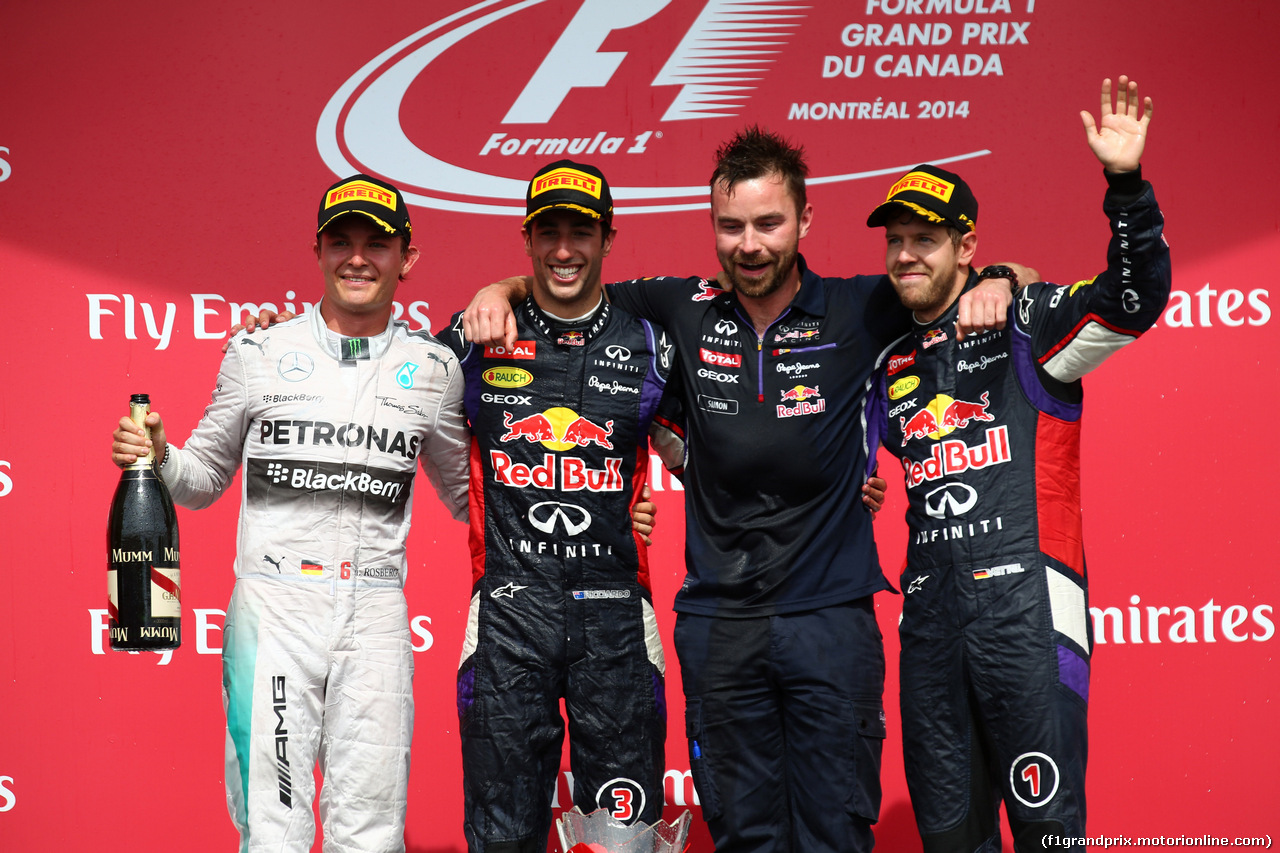 GP CANADA, 08.06.2014- Gara, 1st position Daniel Ricciardo (AUS) Red Bull Racing RB10, secondo Nico Rosberg (GER) Mercedes AMG F1 W05 e terzo Sebastian Vettel (GER) Red Bull Racing RB10