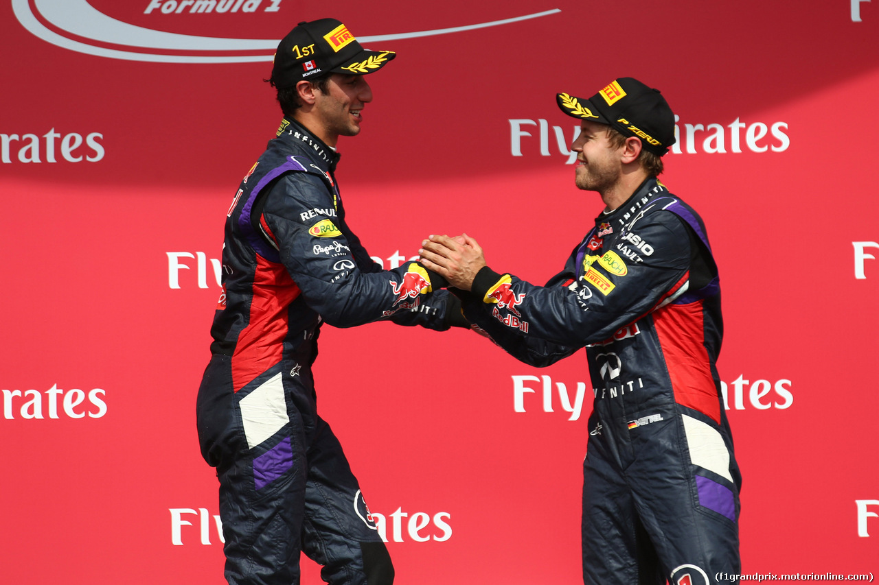 GP CANADA, 08.06.2014- Gara, 1st position Daniel Ricciardo (AUS) Red Bull Racing RB10 e terzo Sebastian Vettel (GER) Red Bull Racing RB10