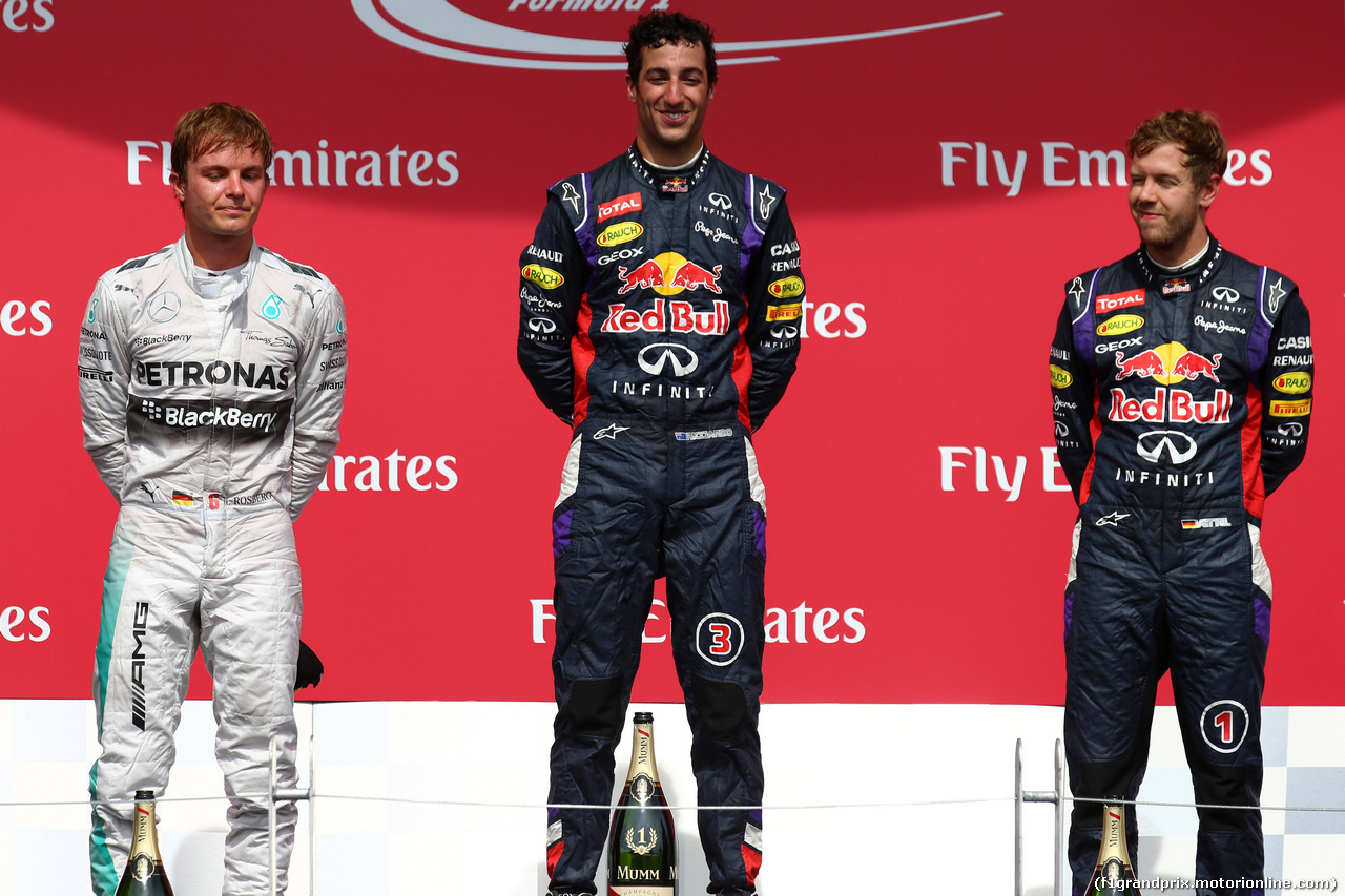 GP CANADA, 08.06.2014- Gara, 1st position Daniel Ricciardo (AUS) Red Bull Racing RB10, secondo Nico Rosberg (GER) Mercedes AMG F1 W05 e terzo Sebastian Vettel (GER) Red Bull Racing RB10