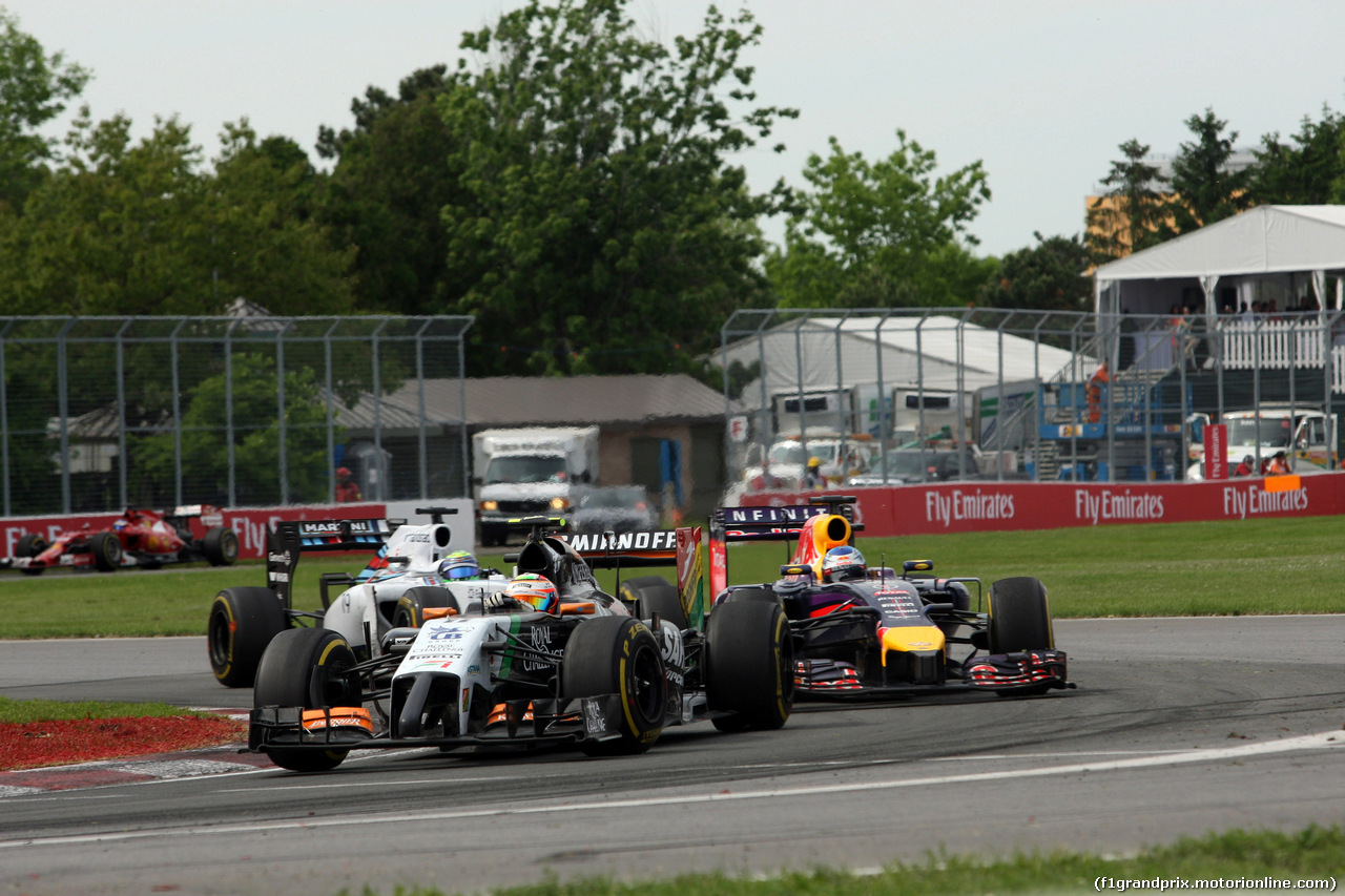 GP CANADA, 08.06.2014- Gara, Sergio Perez (MEX) Sahara Force India F1 VJM07 davanti a Sebastian Vettel (GER) Red Bull Racing RB10 e Felipe Massa (BRA) Williams F1 Team FW36