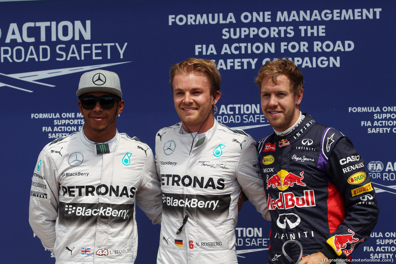 GP CANADA, 07.06.2014- Qualifiche, secondo Lewis Hamilton (GBR) Mercedes AMG F1 W05, Nico Rosberg (GER) Mercedes AMG F1 W05 pole position e terzo Sebastian Vettel (GER) Red Bull Racing RB10
