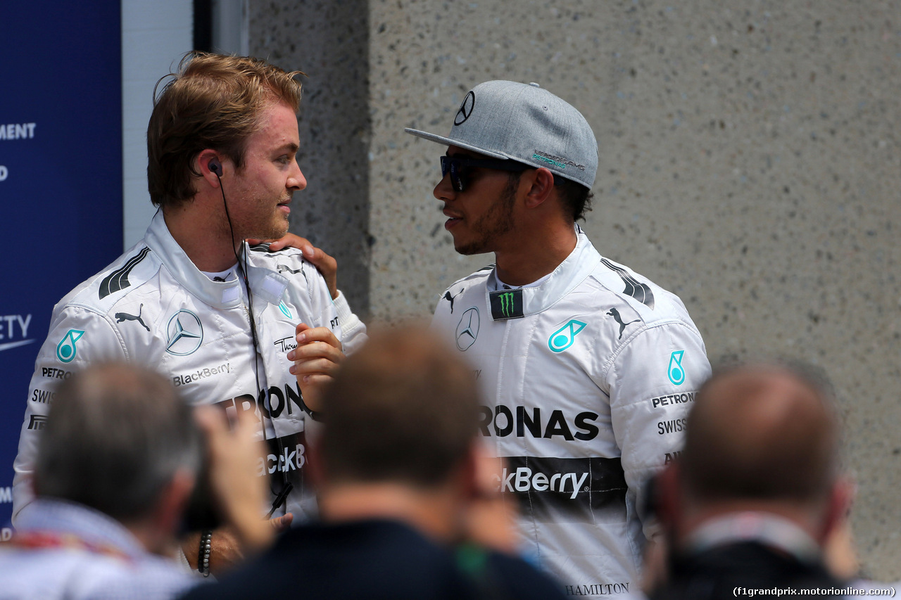 GP CANADA, 07.06.2014- Qualifiche, Nico Rosberg (GER) Mercedes AMG F1 W05 pole position e secondo Lewis Hamilton (GBR) Mercedes AMG F1 W05
