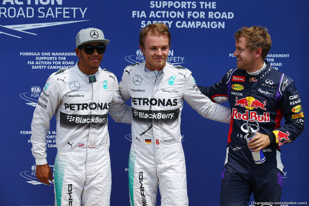 GP CANADA, 07.06.2014- Qualifiche, (L-R) secondo secondo Lewis Hamilton (GBR) Mercedes AMG F1 W05, Nico Rosberg (GER) Mercedes AMG F1 W05 pole position e terzo Sebastian Vettel (GER) Red Bull Racing RB10