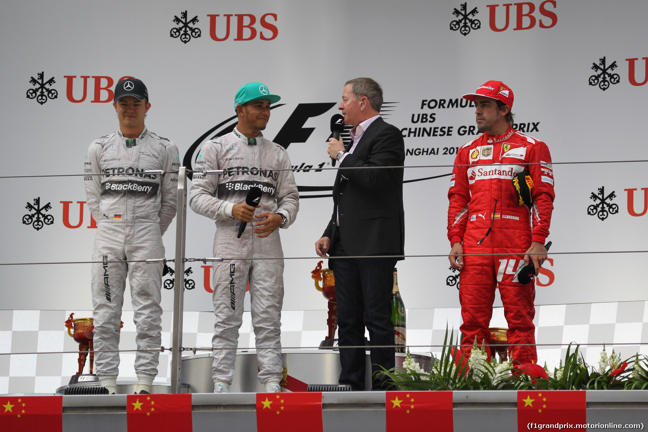 GP CINA, 20.04.2014- Podium, winner Lewis Hamilton (GBR) Mercedes AMG F1 W05, 2nd Nico Rosberg (GER) Mercedes AMG F1 W05, 3rd Fernando Alonso (ESP) Ferrari F14T e Martin Brundle (GBR)