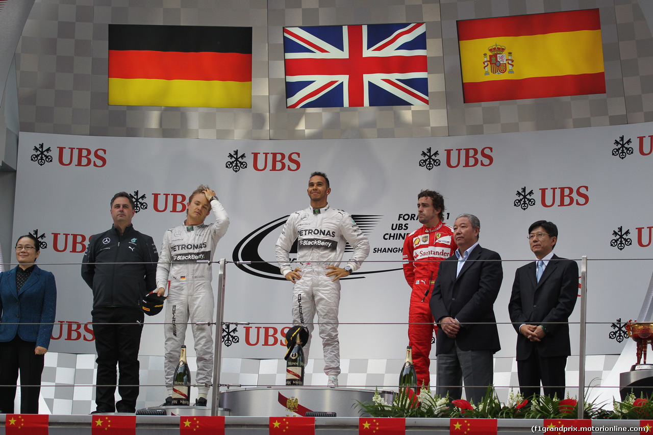 GP CINA, 20.04.2014- Podium, winner Lewis Hamilton (GBR) Mercedes AMG F1 W05, 2nd Nico Rosberg (GER) Mercedes AMG F1 W05, 3rd Fernando Alonso (ESP) Ferrari F14T