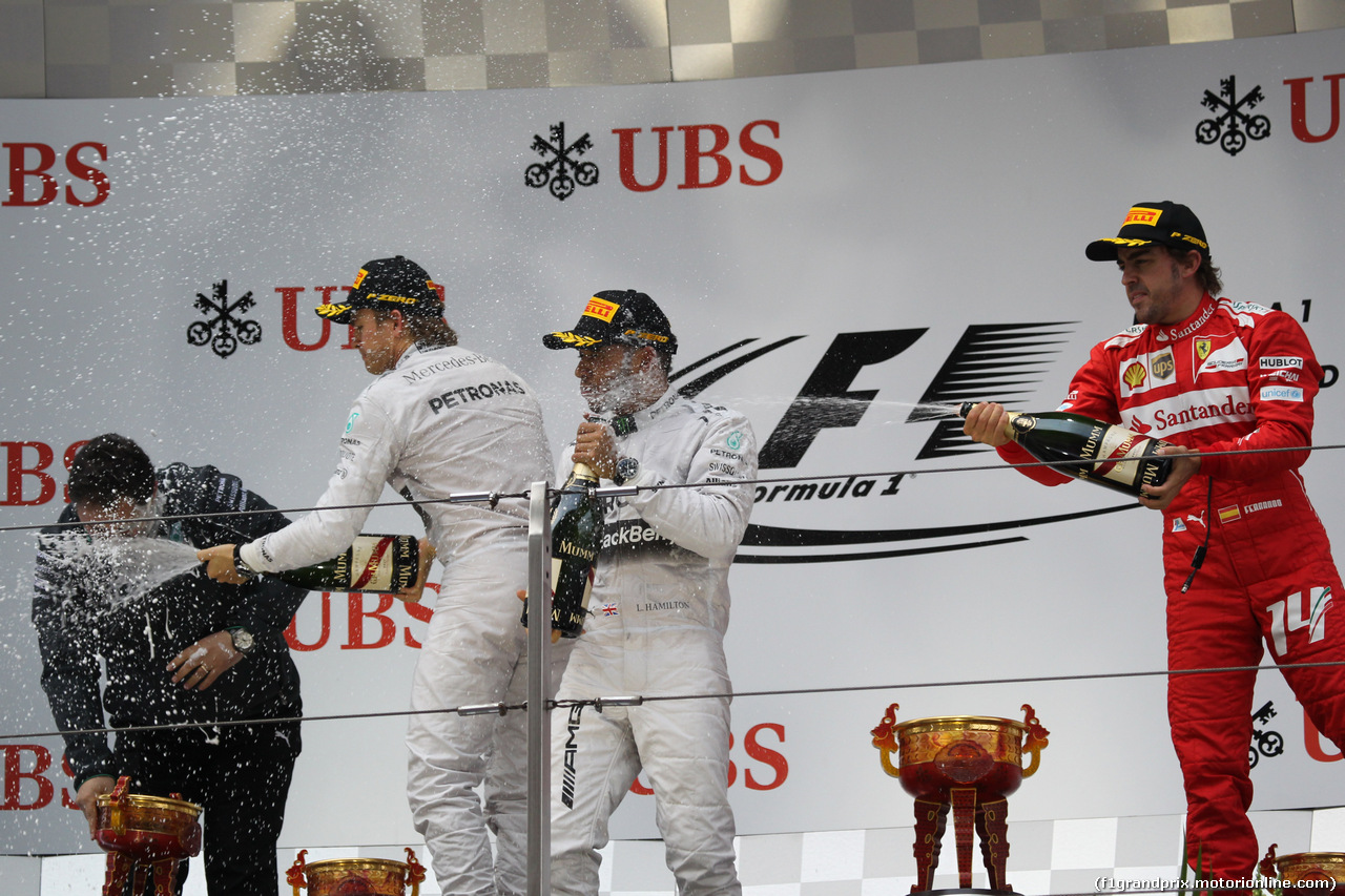 GP CINA, 20.04.2014- Podium, winner Lewis Hamilton (GBR) Mercedes AMG F1 W05, 2nd Nico Rosberg (GER) Mercedes AMG F1 W05, 3rd Fernando Alonso (ESP) Ferrari F14T