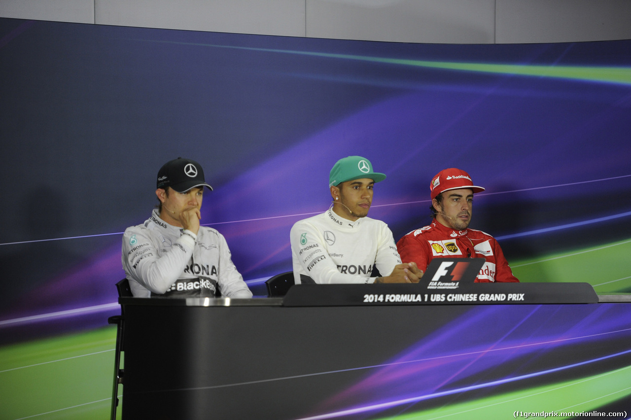 GP CINA, 20.04.2014- After Gara Press Conference, Lewis Hamilton (GBR) Mercedes AMG F1 W05, Nico Rosberg (GER) Mercedes AMG F1 W05 e Fernando Alonso (ESP) Ferrari F14T