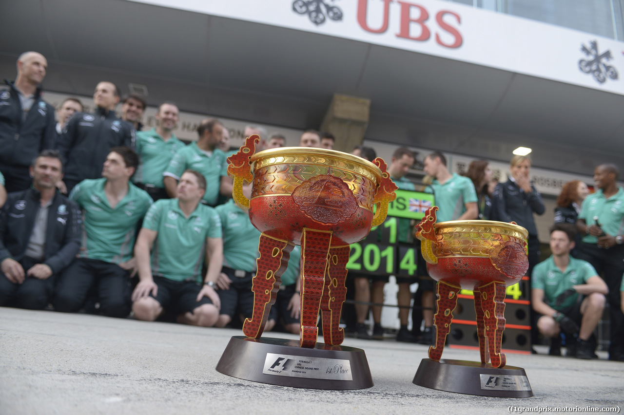 GP CINA, 20.04.2014- Team Mercedes is celebrating the victory of Lewis Hamilton (GBR) Mercedes AMG F1 W05 e the second place of Nico Rosberg (GER) Mercedes AMG F1 W05