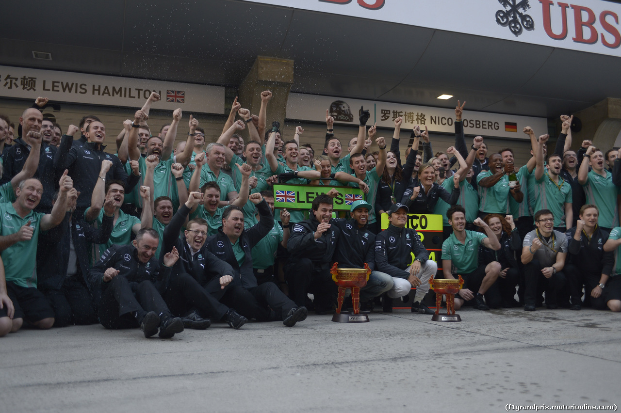 GP CINA, 20.04.2014- Team Mercedes is celebrating the victory of Lewis Hamilton (GBR) Mercedes AMG F1 W05 e the second place of Nico Rosberg (GER) Mercedes AMG F1 W05