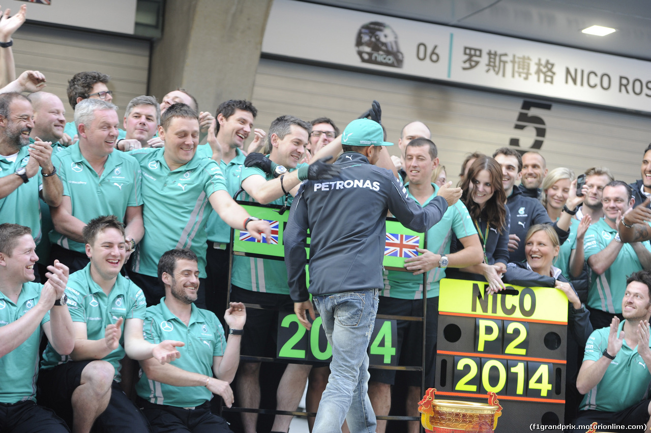 GP CINA, 20.04.2014- Team Mercedes is celebrating the victory of Lewis Hamilton (GBR) Mercedes AMG F1 W05 e the second place of Nico Rosberg (GER) Mercedes AMG F1 W05