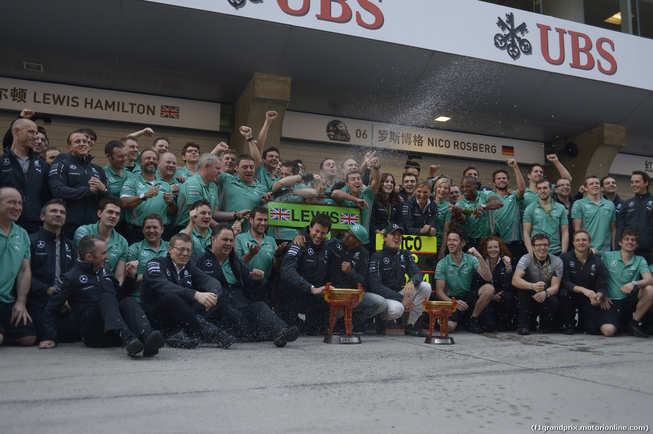 GP CINA, 20.04.2014- Team Mercedes is celebrating the victory of Lewis Hamilton (GBR) Mercedes AMG F1 W05 e the second place of Nico Rosberg (GER) Mercedes AMG F1 W05