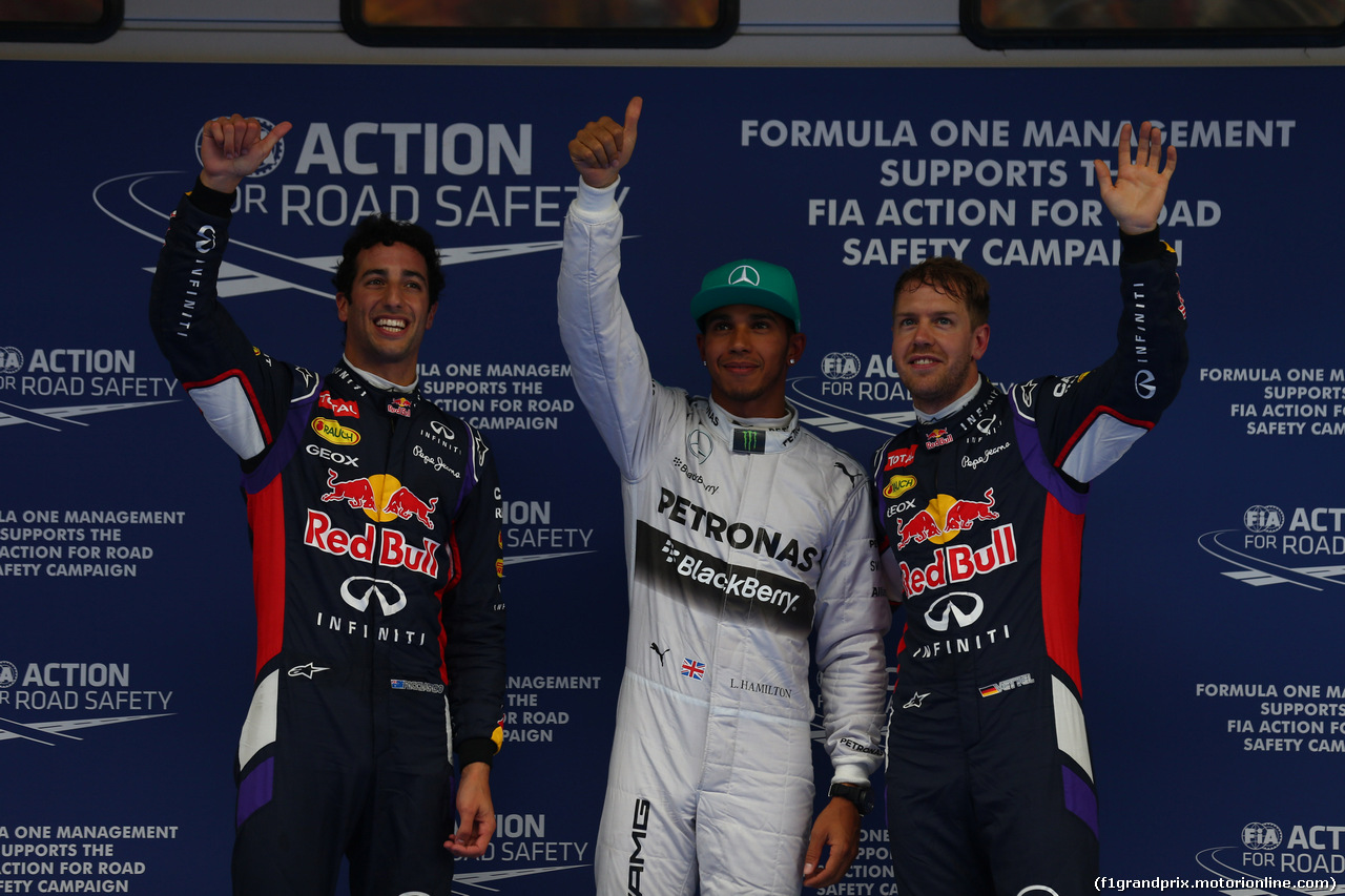 GP CINA, 19.04.2014- Qualifiche, Lewis Hamilton (GBR) Mercedes AMG F1 W05 (pole position), Daniel Ricciardo (AUS) Infiniti Red Bull Racing RB10 (secondo) e Sebastian Vettel (GER) Infiniti Red Bull Racing RB10 (terzo)