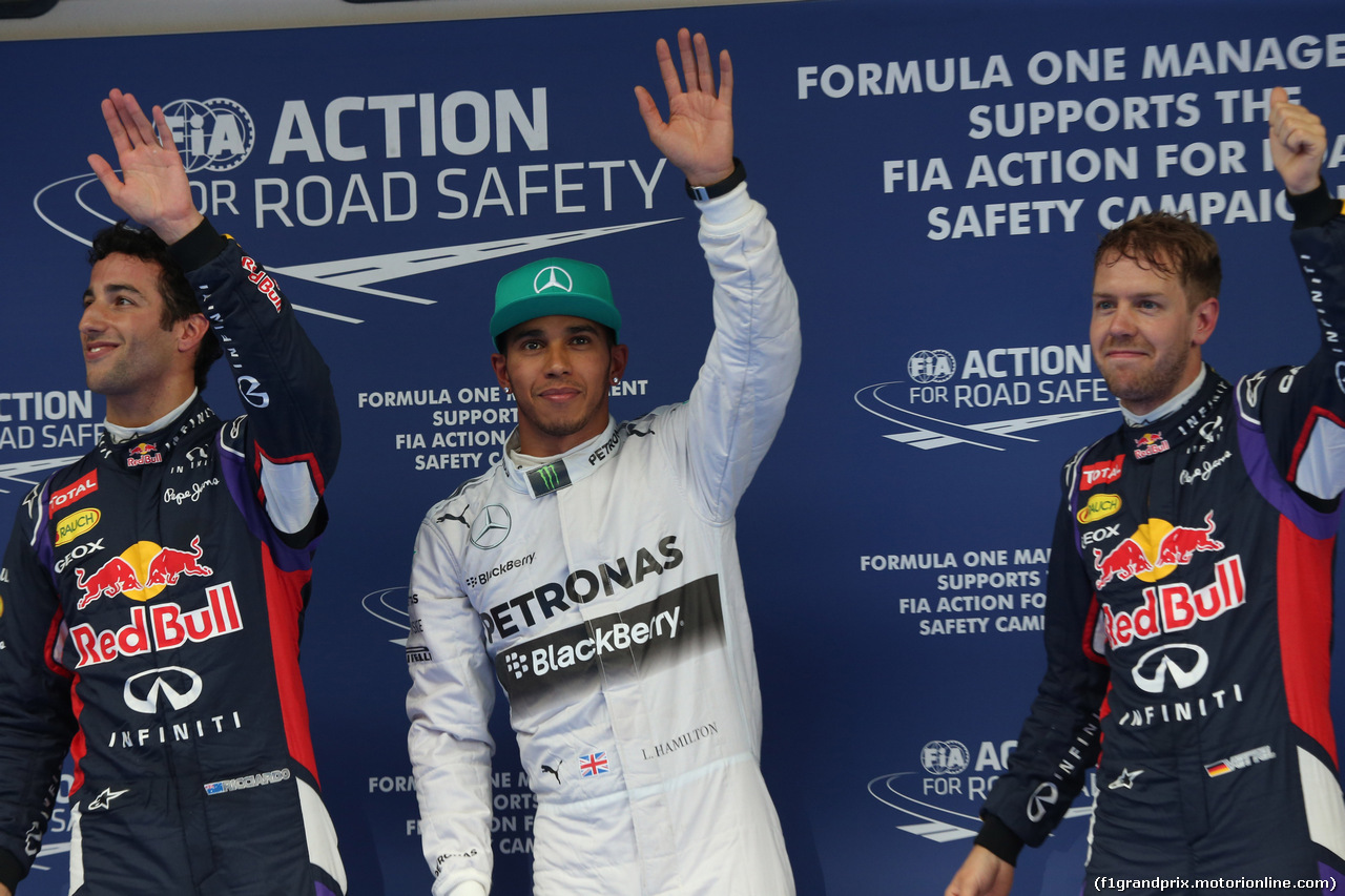 GP CINA, 19.04.2014- pole position Lewis Hamilton (GBR) Mercedes AMG F1 W05, 2nd Daniel Ricciardo (AUS) Infiniti Red Bull Racing RB10, 3rd Sebastian Vettel (GER) Infiniti Red Bull Racing RB10