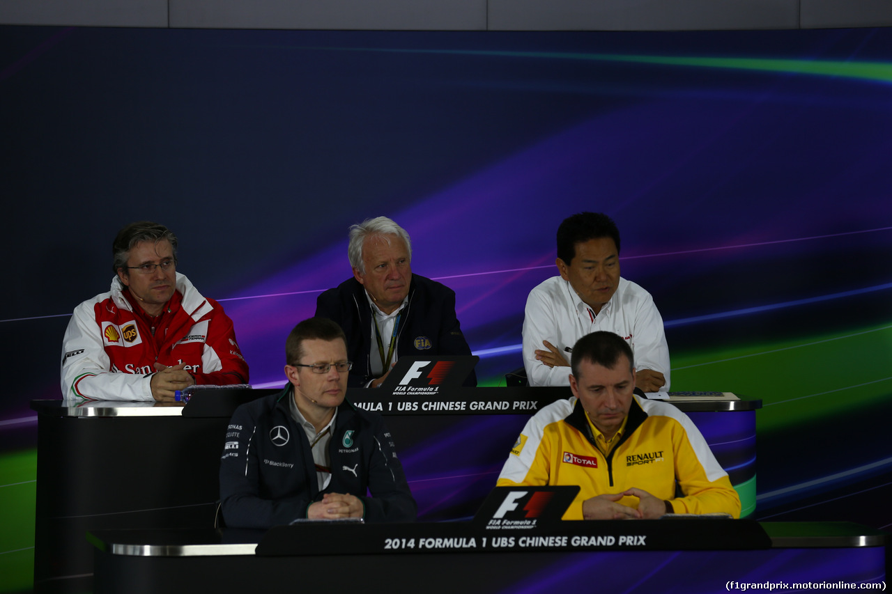 GP CINA, 18.04.2014- Venerdi' Press Conference, To: Pat Fry (GBR), Technical Director (Chassis), Ferrari, Charlie Whiting (GBR), Gara director e safety delegate, Yasuhisa Arai (JPN) Honda, Andrew Cowell (GBR) Mercedes , Rob White (GBR) Renault Sport