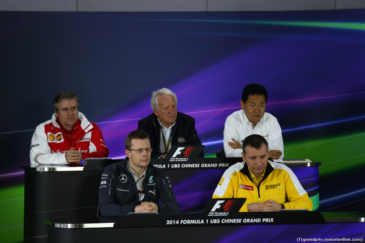 GP CINA, 18.04.2014- Venerdi' Press Conference, To: Pat Fry (GBR), Technical Director (Chassis), Ferrari, Charlie Whiting (GBR), Gara director e safety delegate, Yasuhisa Arai (JPN) Honda, Andrew Cowell (GBR) Mercedes , Rob White (GBR) Renault Sport