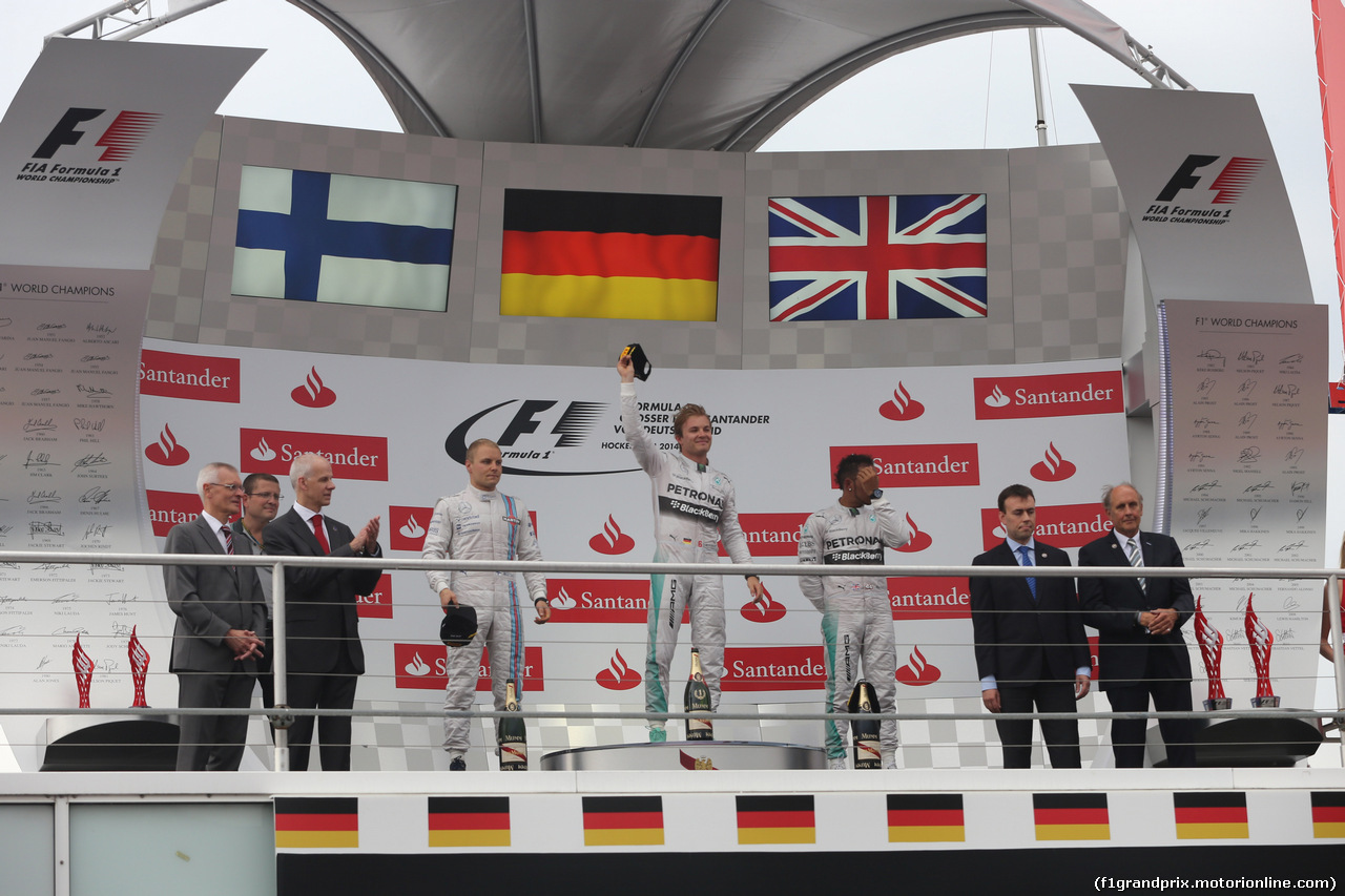 GP GERMANIA, 20.07.2014- Gara, the Podium: winner Nico Rosberg (GER) Mercedes AMG F1 W05, 2nd Valtteri Bottas (FIN) Williams F1 Team FW36 e 3rd Lewis Hamilton (GBR) Mercedes AMG F1 W05