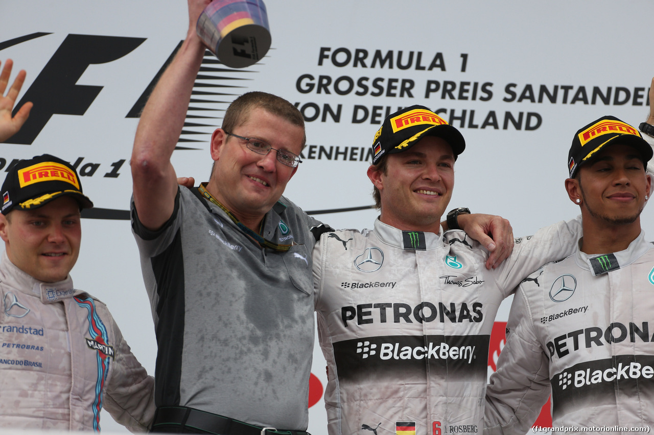 GP GERMANIA, 20.07.2014- Gara, the Podium: winner Nico Rosberg (GER) Mercedes AMG F1 W05, 2nd Valtteri Bottas (FIN) Williams F1 Team FW36 e 3rd Lewis Hamilton (GBR) Mercedes AMG F1 W05