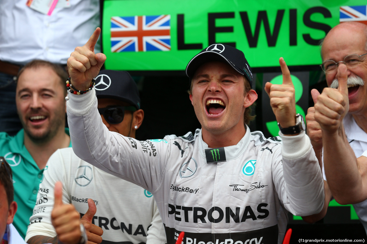 GP GERMANIA, 20.07.2014-  Team Mercedes AMG F1 celebrates the victory of Nico Rosberg (GER) Mercedes AMG F1 W05 e the 3rd place of Lewis Hamilton (GBR) Mercedes AMG F1 W05
