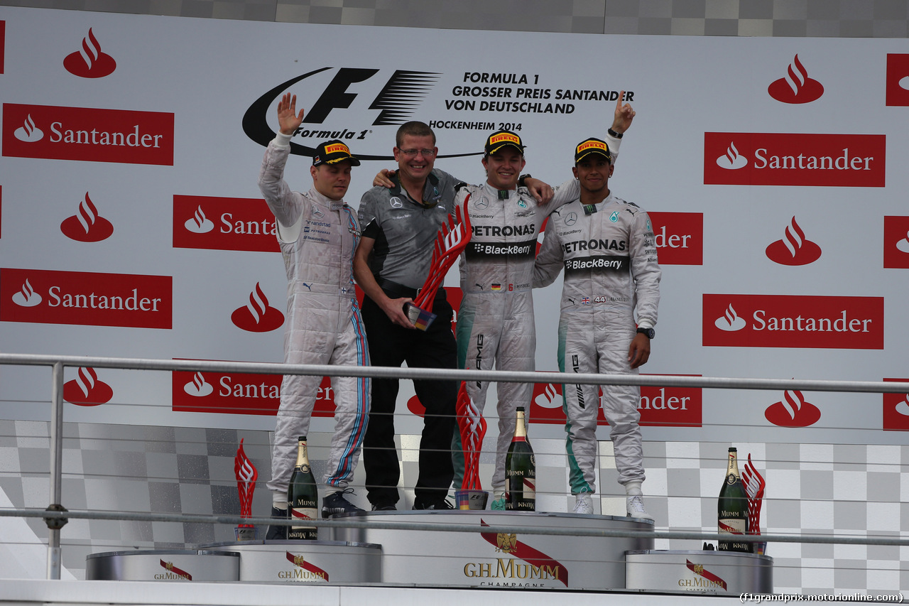 GP GERMANIA, 20.07.2014- Gara,  The Podium: winner Nico Rosberg (GER) Mercedes AMG F1 W05, 2nd Valtteri Bottas (FIN) Williams F1 Team FW36, 3rd Lewis Hamilton (GBR) Mercedes AMG F1 W05