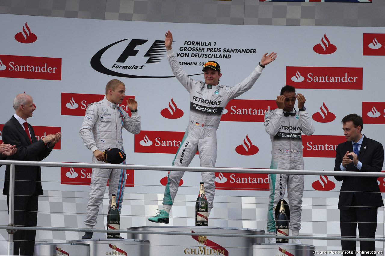 GP GERMANIA, 20.07.2014- Gara,  The Podium: winner Nico Rosberg (GER) Mercedes AMG F1 W05, 2nd Valtteri Bottas (FIN) Williams F1 Team FW36, 3rd Lewis Hamilton (GBR) Mercedes AMG F1 W05