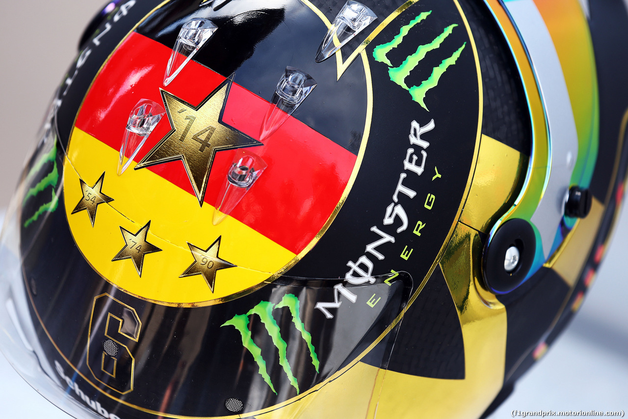 GP GERMANIA, The helmet of Nico Rosberg (GER) Mercedes AMG F1 celebrating Germany's 2014 FIFA World Cup success. 
17.07.2014. Formula 1 World Championship, Rd 10, German Grand Prix, Hockenheim, Germany, Preparation Day.