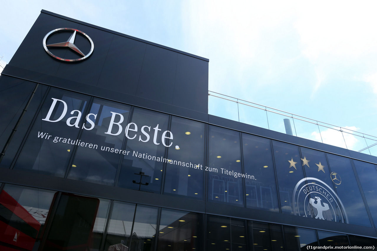 GP GERMANIA, The Mercedes AMG F1 motorhome celebrates Germany's 2014 FIFA World Cup success. 
17.07.2014. Formula 1 World Championship, Rd 10, German Grand Prix, Hockenheim, Germany, Preparation Day.
