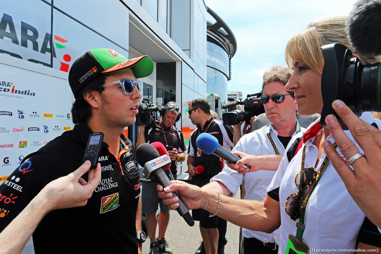 GP GERMANIA, Sergio Perez (MEX) Sahara Force India F1 with the media.
17.07.2014. Formula 1 World Championship, Rd 10, German Grand Prix, Hockenheim, Germany, Preparation Day.