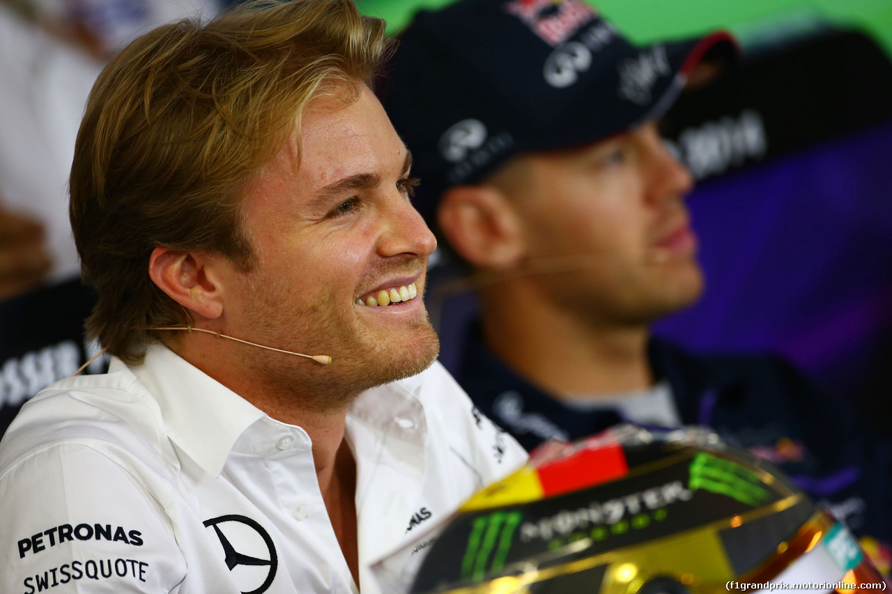 GP GERMANIA, (L to R): Nico Rosberg (GER) Mercedes AMG F1 e Sebastian Vettel (GER) Red Bull Racing in the FIA Press Conference.
17.07.2014. Formula 1 World Championship, Rd 10, German Grand Prix, Hockenheim, Germany, Preparation Day.