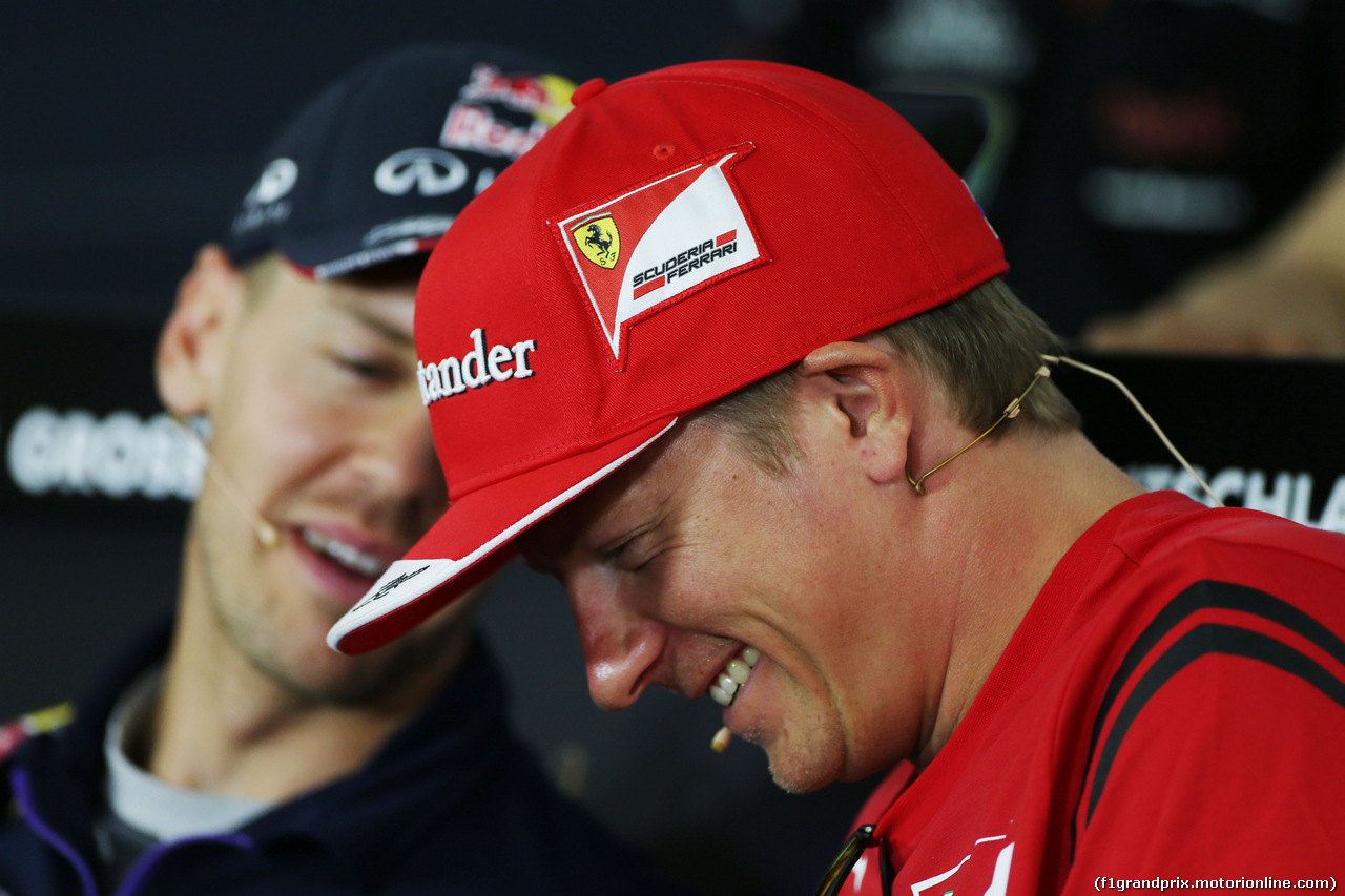 GP GERMANIA, (L to R): Sebastian Vettel (GER) Red Bull Racing e Kimi Raikkonen (FIN) Ferrari in the FIA Press Conference.
17.07.2014. Formula 1 World Championship, Rd 10, German Grand Prix, Hockenheim, Germany, Preparation Day.