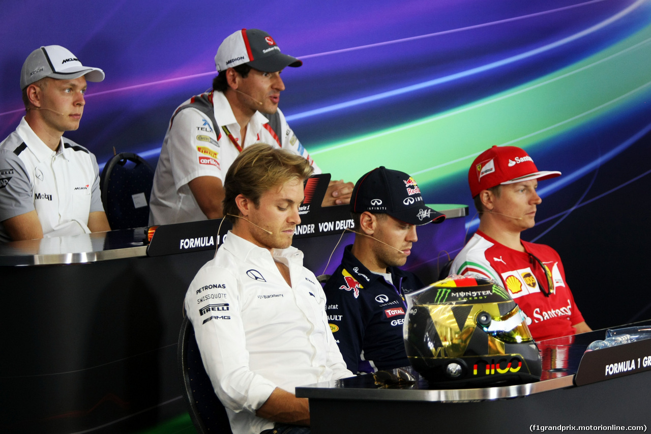 GP GERMANIA, The FIA Press Conference (From back row (L to R): Kevin Magnussen (DEN) McLaren; Adrian Sutil (GER) Sauber; Nico Rosberg (GER) Mercedes AMG F1; Sebastian Vettel (GER) Red Bull Racing; Kimi Raikkonen (FIN) Ferrari.
17.07.2014. Formula 1 World Championship, Rd 10, German Grand Prix, Hockenheim, Germany, Preparation Day.
