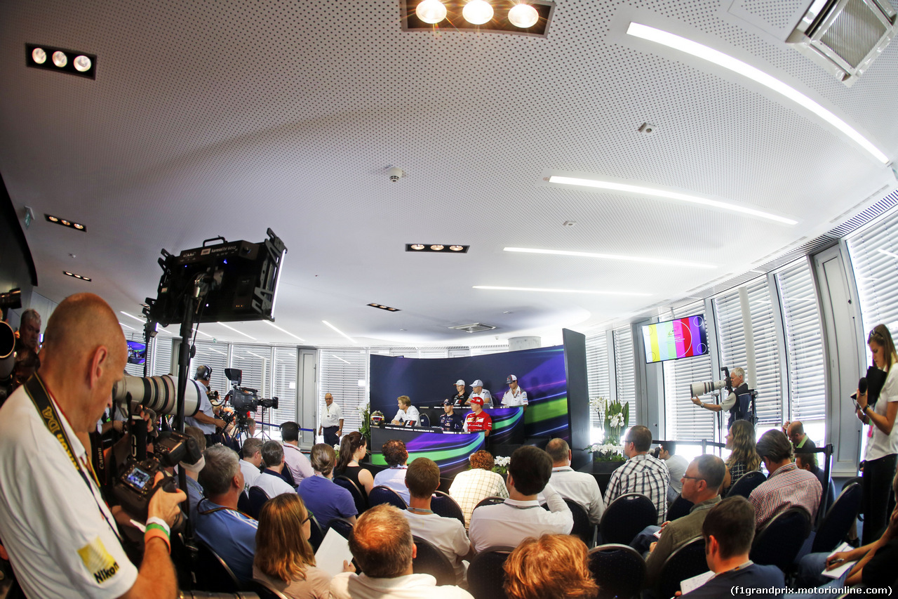 GP GERMANIA, The FIA Press Conference (From back row (L to R): Nico Hulkenberg (GER) Sahara Force India F1; Kevin Magnussen (DEN) McLaren; Adrian Sutil (GER) Sauber; Nico Rosberg (GER) Mercedes AMG F1; Sebastian Vettel (GER) Red Bull Racing; Kimi Raikkonen (FIN) Ferrari.
17.07.2014. Formula 1 World Championship, Rd 10, German Grand Prix, Hockenheim, Germany, Preparation Day.
