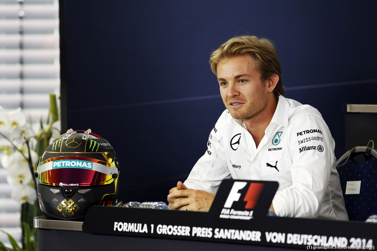 GP GERMANIA, Nico Rosberg (GER) Mercedes AMG F1 in the FIA Press Conference with his World Cup celebrating helmet.
17.07.2014. Formula 1 World Championship, Rd 10, German Grand Prix, Hockenheim, Germany, Preparation Day.