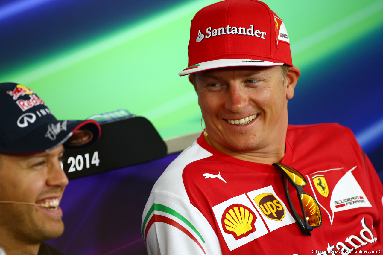 GP GERMANIA, (L to R): Sebastian Vettel (GER) Red Bull Racing e Kimi Raikkonen (FIN) Ferrari in the FIA Press Conference.
17.07.2014. Formula 1 World Championship, Rd 10, German Grand Prix, Hockenheim, Germany, Preparation Day.