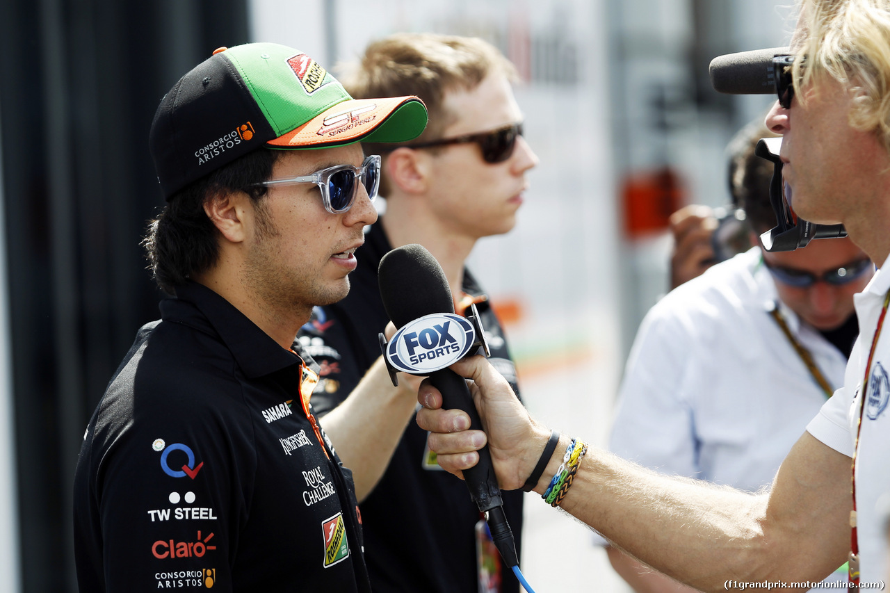 GP GERMANIA, Sergio Perez (MEX) Sahara Force India F1 with the media.
17.07.2014. Formula 1 World Championship, Rd 10, German Grand Prix, Hockenheim, Germany, Preparation Day.