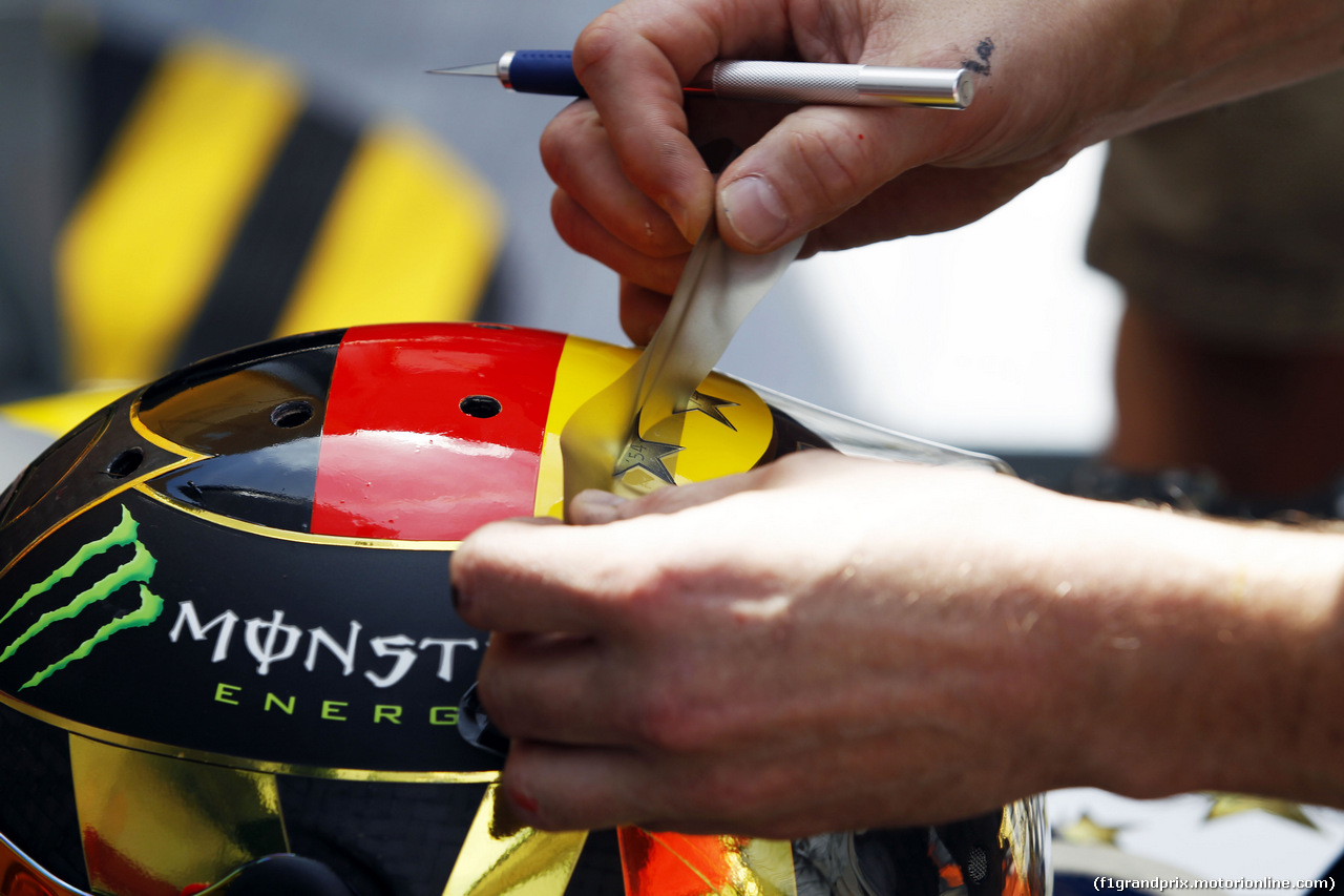 GP GERMANIA, The helmet of Nico Rosberg (GER) Mercedes AMG F1 celebrating Germany's 2014 FIFA World Cup success. 
17.07.2014. Formula 1 World Championship, Rd 10, German Grand Prix, Hockenheim, Germany, Preparation Day.