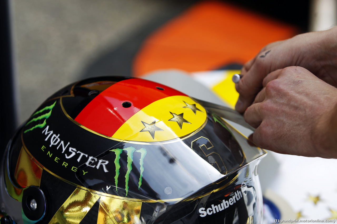 GP GERMANIA, The helmet of Nico Rosberg (GER) Mercedes AMG F1 celebrating Germany's 2014 FIFA World Cup success. 
17.07.2014. Formula 1 World Championship, Rd 10, German Grand Prix, Hockenheim, Germany, Preparation Day.