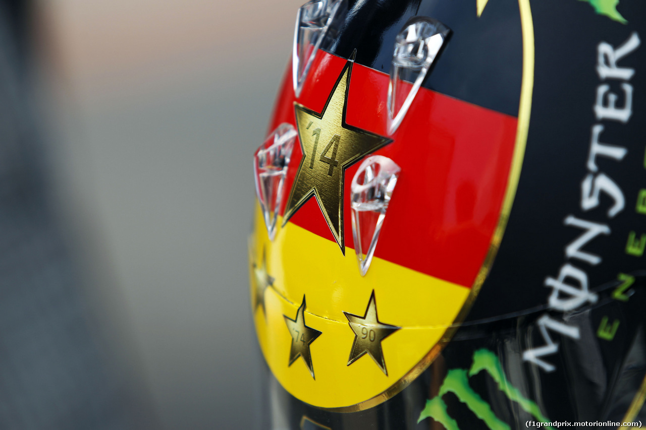 GP GERMANIA, The helmet of Nico Rosberg (GER) Mercedes AMG F1 celebrating Germany's 2014 FIFA World Cup success. 
17.07.2014. Formula 1 World Championship, Rd 10, German Grand Prix, Hockenheim, Germany, Preparation Day.