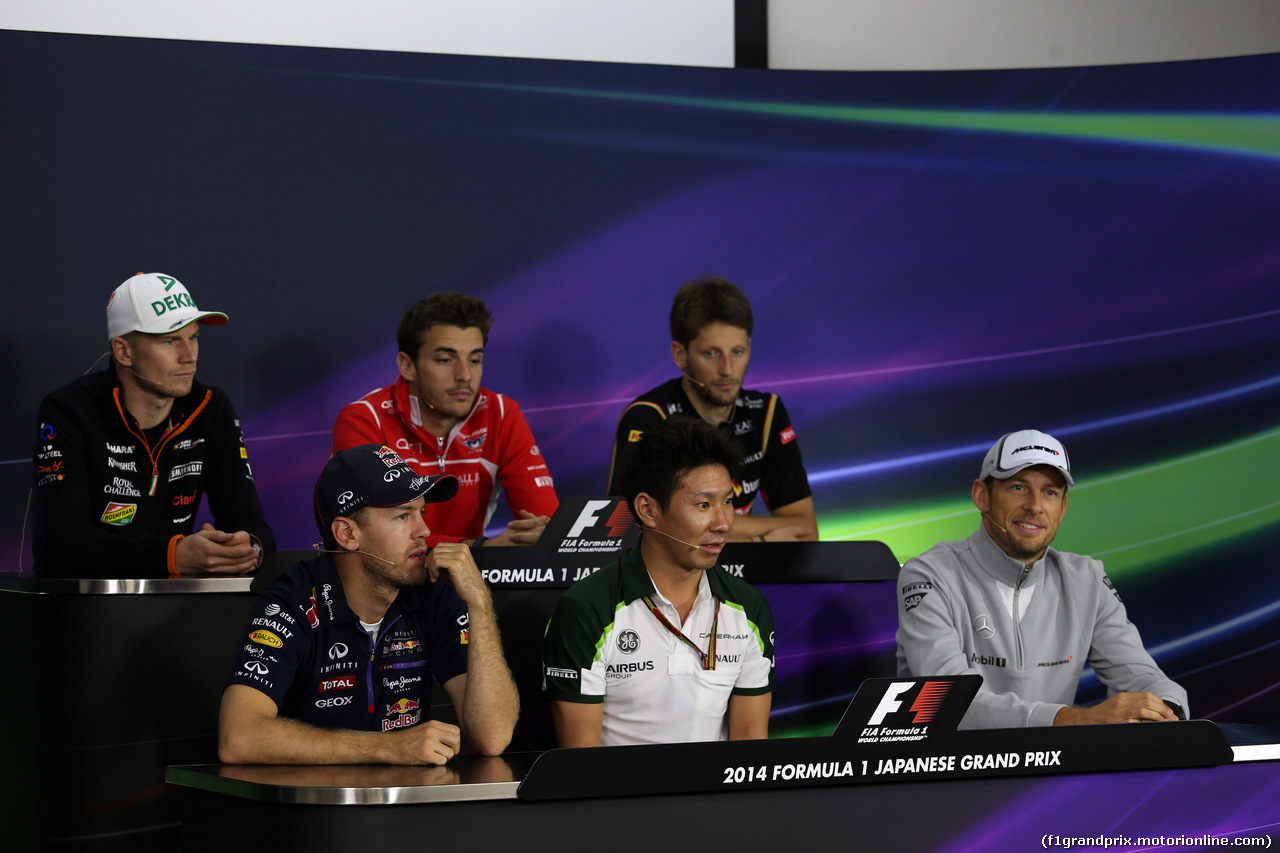 GP GIAPPONE, 02.10.2014 - Conferenza Stampa, Nico Hulkenberg (GER) Sahara Force India F1 VJM07, Jules Bianchi (FRA) Marussia F1 Team MR03, Romain Grosjean (FRA) Lotus F1 Team E22, Sebastian Vettel (GER) Red Bull Racing RB10, Kamui Kobayashi (JAP) Caterham F1 Team CT-04 e Jenson Button (GBR) McLaren Mercedes MP4-29